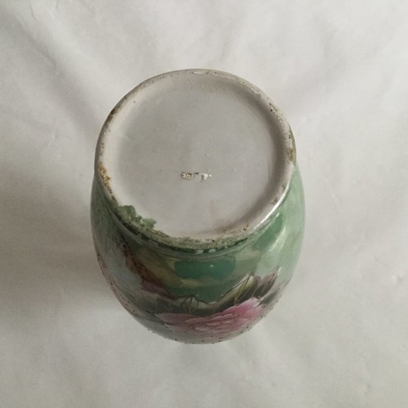 Beautiful ceramic vase green luster ware floral pink flower peacock 12" tall - Picture 5 of 7